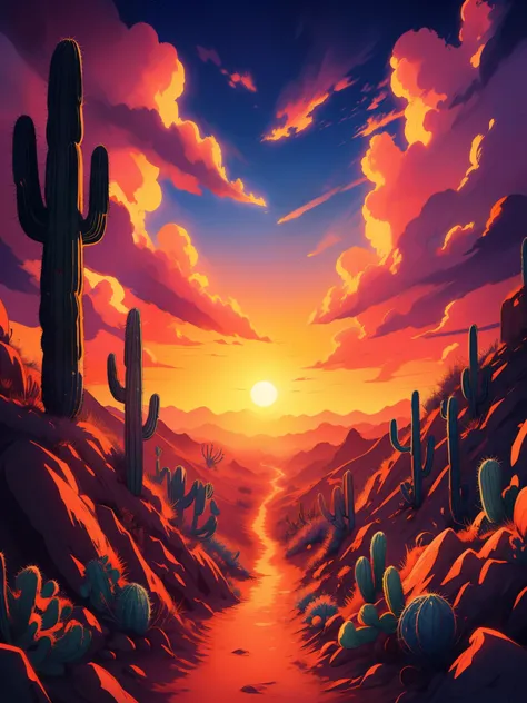 draw an anime lofi scene of path through desert, huge sunset in horizon, cactus, natural color tones, cloudy magical sky, beauti...