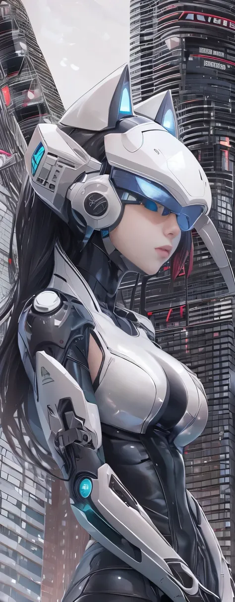 1 girl, skin-tight body-suite, (black body-suite), mecha-cat ears, ((wearing cybernetic visor as eye-wear)), gadgets, (bright wh...