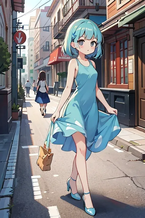 (tall), (long legig breasts emphasized), araffe woman in blue dress is walking down the street, (dress up), tight dress, sexy dress, stylish dress, dress,  dresposing stylish dress), looking through the dress, wearing a tank top, looking through the dress,...