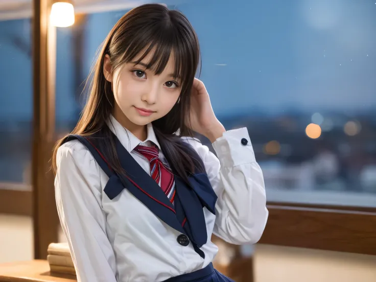 masutepiece, Best Quality, 8K, 14years, Raw photo, absurderes, award winning portrait, Smile, Solo, (Night:1.8), Idol face, loli face and big boobs, Delicate girl, Upper body, Digital SLR, Looking at Viewer, Candid, Sophisticated,Thin arms, Professional Li...