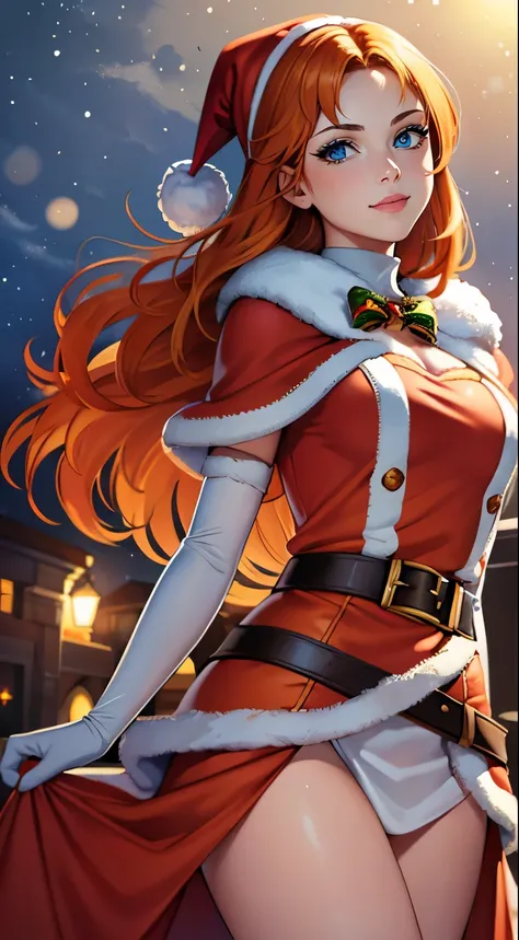 1girl, solo, masterpiece, best quality, high res, highly detailed, (illustration), beautiful detailed eyes, annette_war, orange hair , long hair,blue eyes ,glossy lips, light makeup, light smile, long white satin elbow gloves ,cowboy shot, (santa), red san...