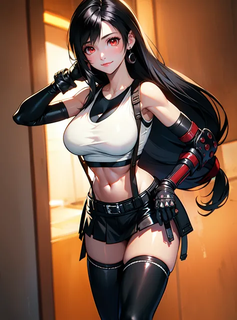(8k, best quality, masterpiece:1.2), (realistic, photo-realistic:1.37), standing, legs apart, (wide stance), ultra-detailed, 1 girl,cute, solo, (tifa lockhart), (medium breasteautiful detailed eyes), (smile:1.2), (closed mouth), sharp focus, depth of field...