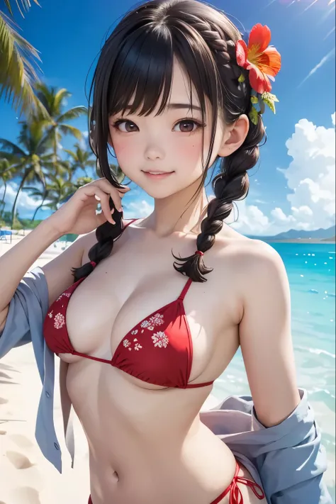 one girls、parfect anatomy、small tits、A dark-haired、Braided pigtails、Smiling、Realistic people、ultra-detailliert、Red bikini、Floral hair ornament、Blurred background、South Island、Palm trees、White sandy beach、Blue Sea、blue open sky、white clouds、cumulonimbus clo...