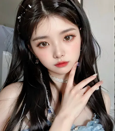 Un primer plano de una mujer con cabello largo con un vestido azul, maquillaje popular de Corea del Sur, maquillaje coreano popular, Chica coreana, ulzzang, Hermosa mujer surcoreana, Jaeyeon Nam, Joven y adorable rostro coreano, Hermosa joven coreana, Herm...