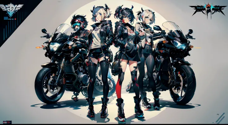 cyberpunked、girl with、mechanic、comical、Anime style、Gray and dark hair、motor bikes、Rider Jacket、punk coloring、sity、ナイトsity、group