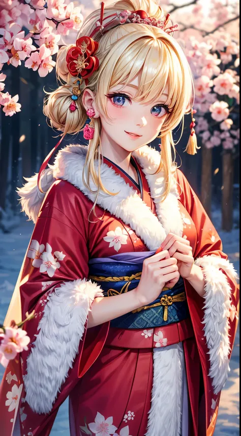 Very detailed CG Unity 8K wallpaper, Cute One Girl, Mature blonde girl, half updo,beautiful Girl, hot maiden, pale skin (Super masterpiece, Beautiful person, well detailed face polluted smile, flat chest is hidden by kimono、Photorealistic, hyper realisi...