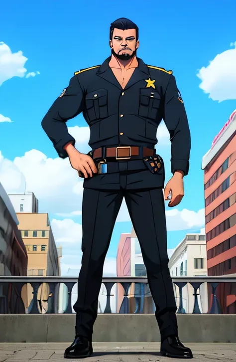 (Male police officer standing full body portrait),(Best quality at best, 4K, A high resolution, tmasterpiece:1.2), (actual:1.37), detailedfacialfeatures, strong, Confident gaze, thick mustache, sharp cheekbones, Short crew cut, Uniform with badge and name ...