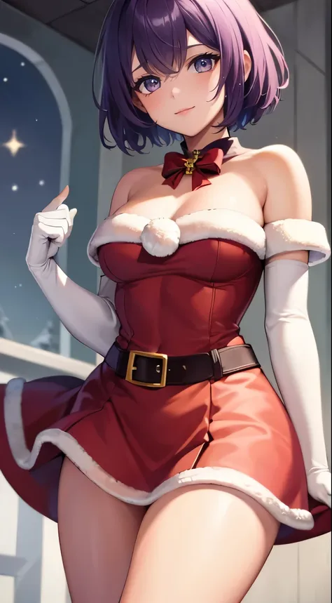 1girl, solo, masterpiece, best quality, high res, highly detailed, (illustration), beautiful detailed eyes, warBernie, purple hair, short hair ,glossy lips, light makeup, light smile, long white satin elbow gloves ,cowboy shot, (santa), red santa dress