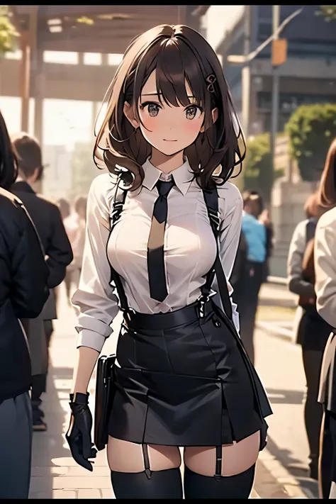 Brown hair、watching at viewers　　　black suspenders　　　Bulging big breasts　　 　 　　　walls: 　Black miniskirt　garters　　　　　　Gaze　　　Small face　bangss 　　　holster　　　Beautuful Women　　hands up　　レッグholster ベッドに横たわる　　Gaze 　black boots panty shot　provocation　flank　flank汗　...