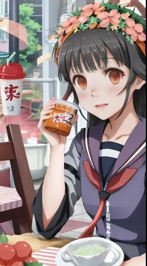 anime image of a woman sitting at a table with a milkshake, anime visual of a cute girl, anime food, slice of life anime, yama n...