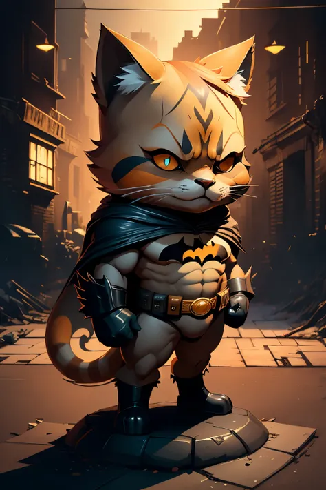 photo, best quality, masterpiece), detailed background, perfect eyes, seductive eyes, HDR, photon mapping, radiosity, physically-based rendering, cinematic lighting, intricate,An orange cat in a Batman costume stands on the edge of the statues head. The Ga...