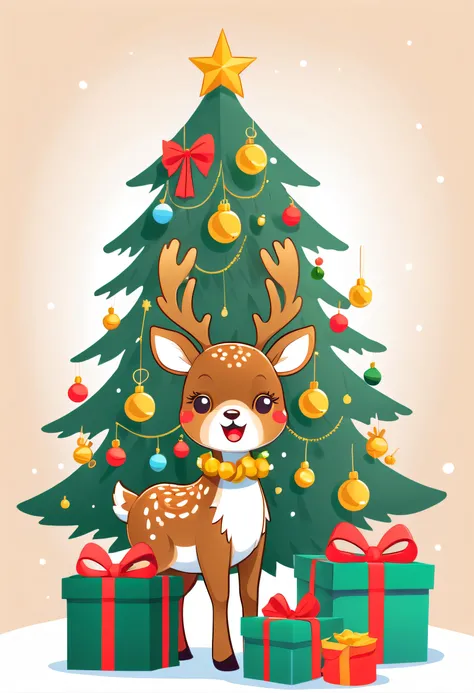 Cute reindeer and jingle bells, Christmas tree, gift boxes, flatillustration, Cartoons, scribbles, Thick lines and sharp illustrations