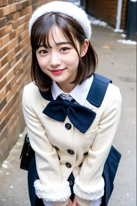 girl in snowy town street,white knitted hat,white shirt with red bow tie,white leggings,navy blue long coat,gloves,blue plaid pleated skirt,school bag,18-year-old,bangs,a little smile,thighs,knees,short cut hair,ponytail,from below