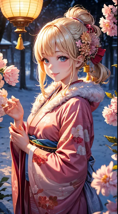 Very detailed CG Unity 8K wallpaper, Cute One Girl, Mature blonde girl, half updo,beautiful  Girl, hot maiden, pale skin (Super masterpiece, Beautiful person, well detailed face polluted smile,   flat chest is hidden by kimono、Photorealistic, hyper realisi...