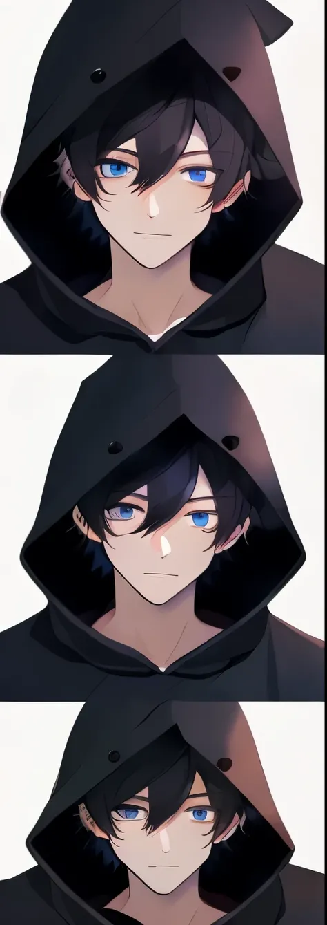 Best Quality, High quality, 1boy, Solo, Male Focus, Looking at Viewer, Upper body, A dark-haired, eyes black, plain black robe、Wearing a hood、sorcerer