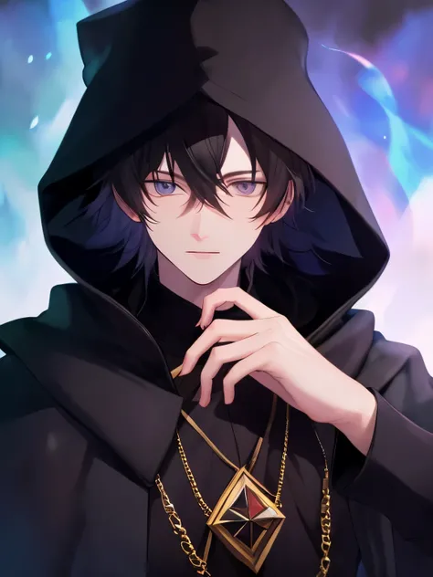 Best Quality, High quality, 1boy, Solo, Male Focus, Looking at Viewer, Upper body, A dark-haired, eyes black, plain black robe、Wearing a hood、sorcerer