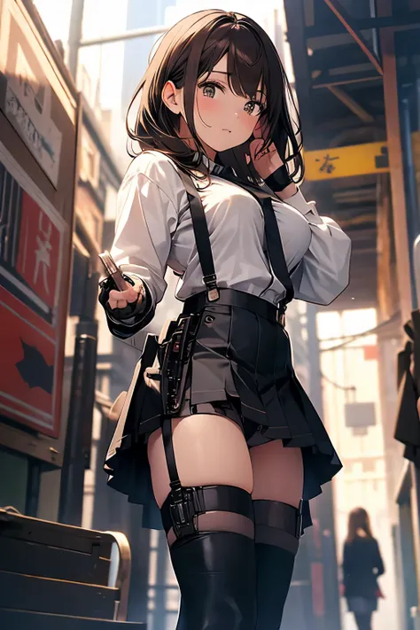 Brown hair、watching at viewers　　　black suspenders　　　Bulging big breasts　　 　 　　　walls: 　Black miniskirt　garters　　　　　　Gaze　　　Small face　bangss 　　　holster　　　Beautuful Women　　hands up　　レッグholster ベッドに横たわる　　Gaze 　black boots panty shot　provocation　flank　flank汗　...