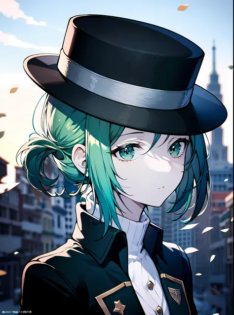 detailed, (masterpiece:1.2), (pale skin:1.2), (solo:1.2), (female), (emphasis lines:1.3), slender, green hair, hat, outdoors, looking away