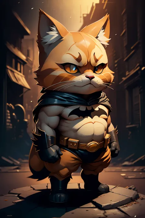 photo, best quality, masterpiece), detailed background, perfect eyes, seductive eyes, HDR, photon mapping, radiosity, physically-based rendering, cinematic lighting, intricate,An orange cat in a Batman costume stands on the edge of the statues head. The Ga...