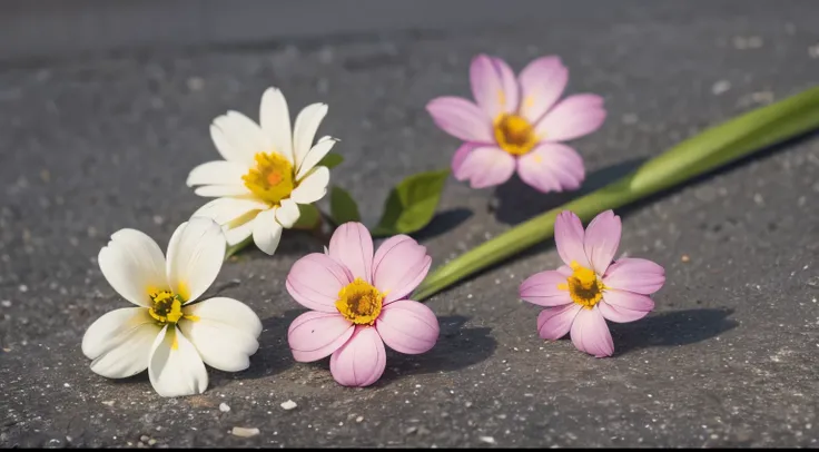 A group of model flowers, on a flat surface, Angle facing the flower