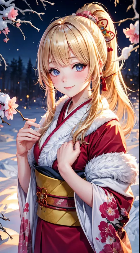 Very detailed CG Unity 8K wallpaper, Cute One Girl, Mature blonde girl, (high) ponytail、beautiful  Girl, hot maiden, pale skin (Super masterpiece, Beautiful person, well detailed face polluted smile,   flat chest is hidden by kimono、Photorealistic, hyper r...