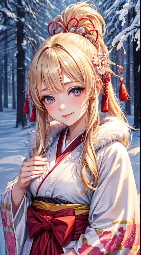 Very detailed CG Unity 8K wallpaper, Cute One Girl, Mature blonde girl, (high) ponytail、beautiful Girl, hot maiden, pale skin (Super masterpiece, Beautiful person, well detailed face polluted smile, flat chest is hidden by kimono、Photorealistic, hyper r...