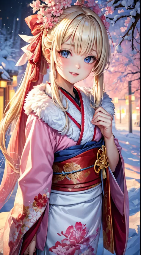 Very detailed CG Unity 8K wallpaper, Cute One Girl, Mature blonde girl, half updo,beautiful Girl, hot maiden, pale skin (Super masterpiece, Beautiful person, well detailed face polluted smile, flat chest is hidden by kimono、Photorealistic, hyper realisi...