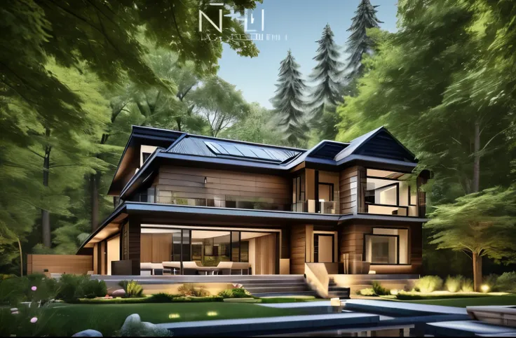 a house with modern style, fresh colors, located in the forest, bright space