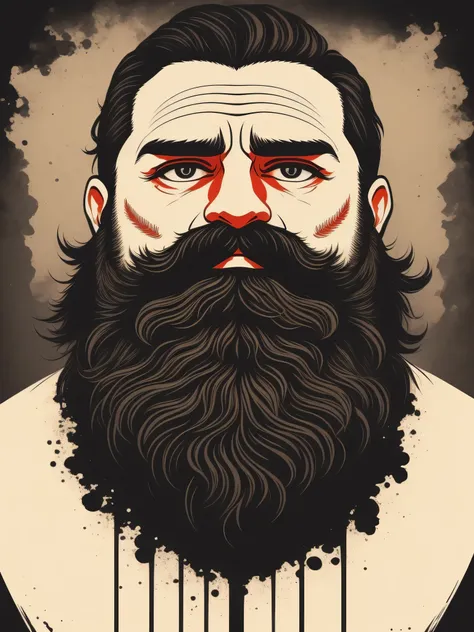 Slull, t-shirt art, 2D, ((black background :1, 5)), vector, vivid colors, masterpiece, best quality, intricate details, perfect symmetrical face, realistic details,Full Beard, rim light, moonlight, cinematic shading, no background