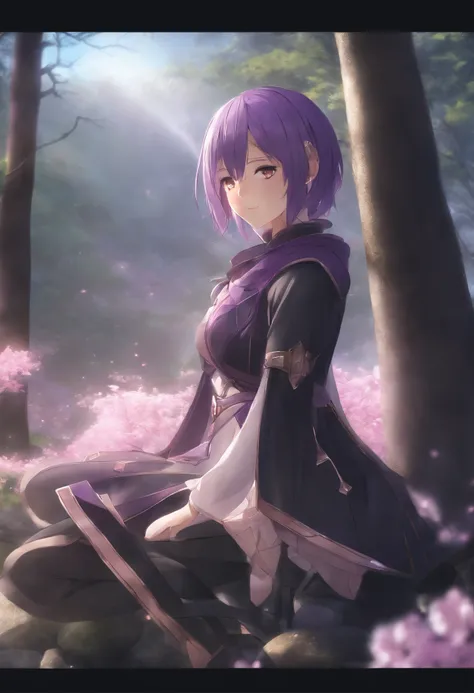 A high resolution, tmasterpiece,Ma Kirito Sakura,destiny, Purple colored hair, Alone, 1个Giant Breast Girl,external,detailedbackground, 詳細な目,