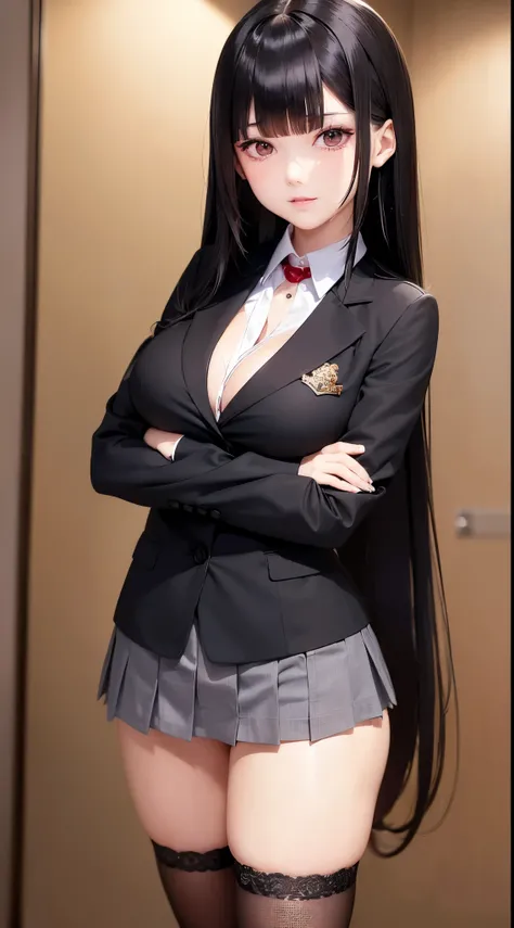 ((Best Quality)), ((masutepiece)), (Detailed), (highlight), Perfect face　Young girl with detailed face showing cleavage、Red eyes and long, thick, glossy, beautiful black hair with blunt bangs、Single-color background、standing with arms crossed、Wear student ...