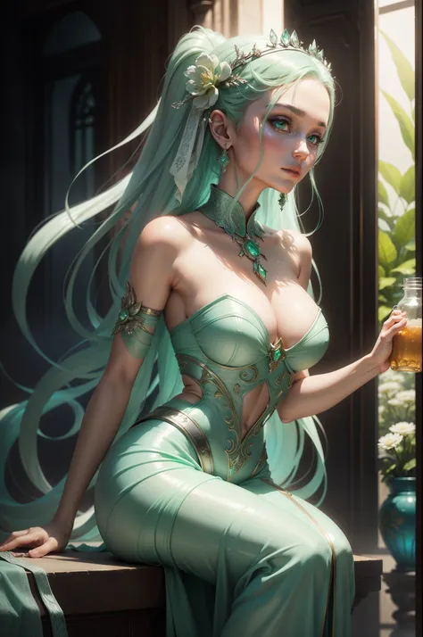 a beautiful woman holding a jar of liquid, in the style of otherworldly beings, light emerald and silver, zbrush, iban art, solarpunk, trompe-loeil illusionistic detail, mystical beings