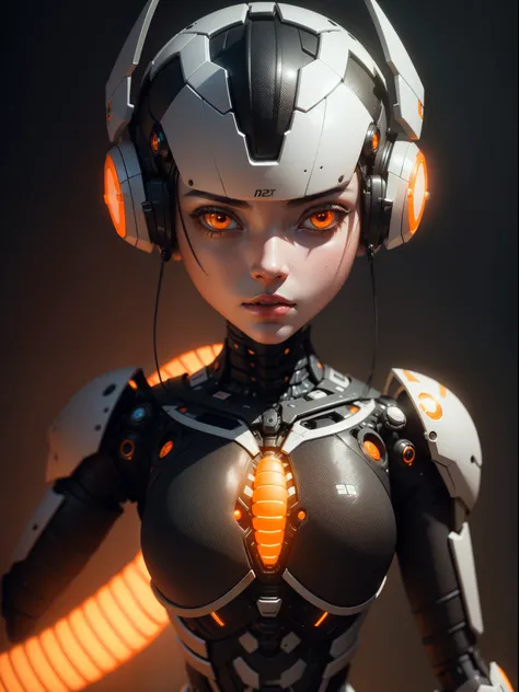 robot girl with lights in her brain, in the style of detailed realism, dark white and light orange, daz3d, richly detailed genre paintings, made of insects, flickr, realistic figures