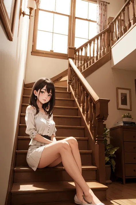 Stairs in the house、sitting on stairs、Girl in white blouse and tight skirt、