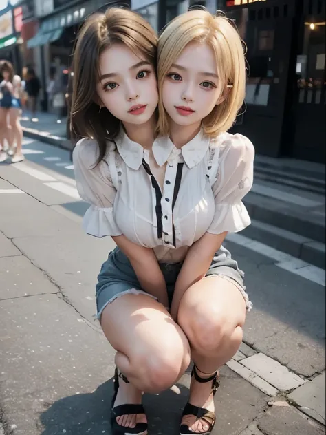 best resolution, 2 heads, taiwanese girl with two heads, 23 years old, youthful, blonde hair, short hair, wearing a frilled blouse and shorts, on knees, selfie shot