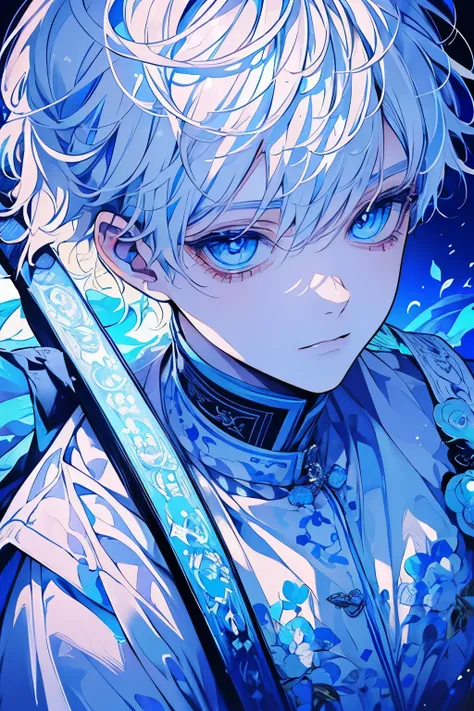 (masutepiece), (Best Quality), Highly detailed, 1 boy, Solo Focus, Perfect face, Beautiful face, extra detailed face，(White hair:1.3)，(Shining light blue eyes:1.4)，smil，fleeting