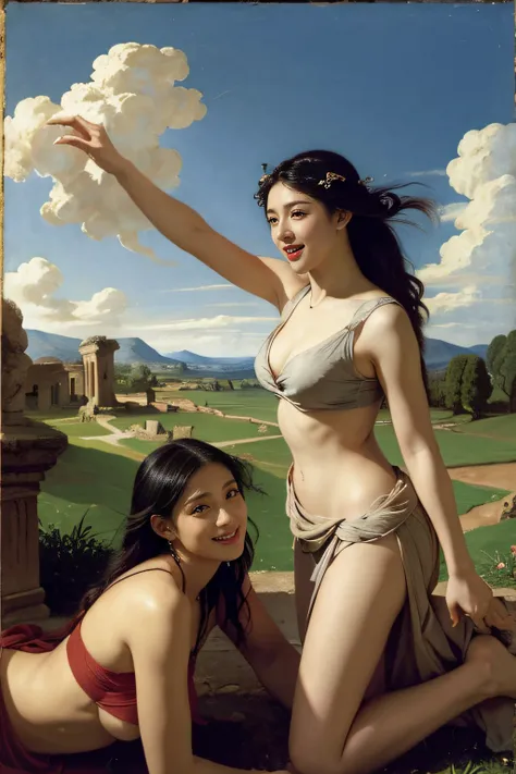 Ancient Roman ruins,Poussin-style landscape,A smile,,Sweet and seductive appearance.、Caravaggios paintings、Chiaroscuro of Caravaggio、Hair disheveled in the wind,Two women frolicking,Cute smile, Expression of ecstasy,A sexy,Erotic