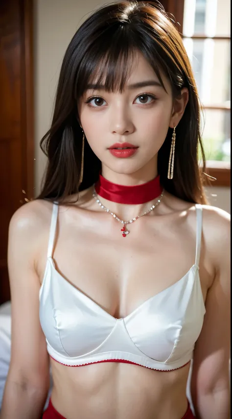 (Best Quality, Masterpiece, Photo realistic, Ultra Detailed, ultra high res, raw:1.perfect body, 1girl, parted lips, red lips, glitter eyeliner:1.4,   bangs, upper body closeup, bedroom, japanese, 20years old, navel, wearing silk red bra, white skin, cute,...