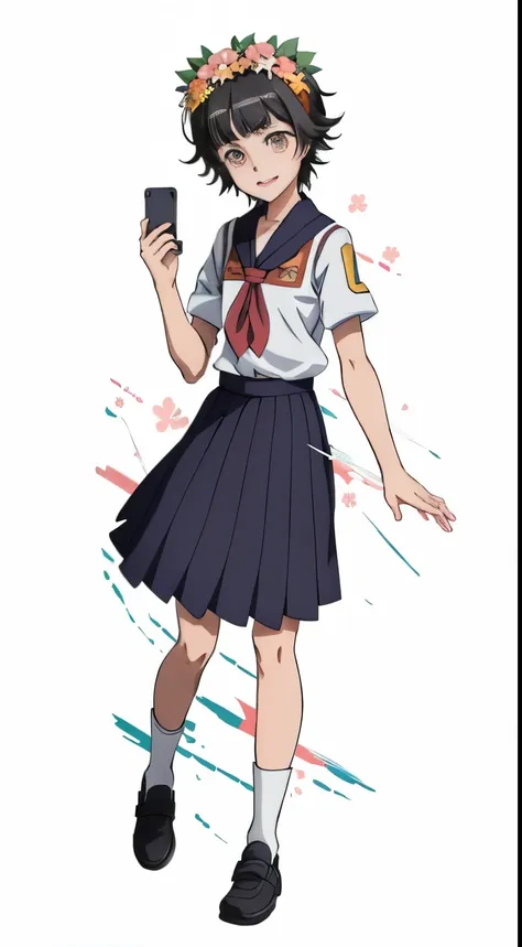 a girl in a school uniform holding a cell phone, tsubasa nakai's style, as an anime character, hinata hyuga, junko enoshima, aya...