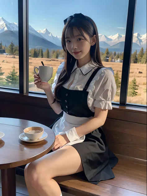 Dressed in a maid outfit, she sits, enjoying a hot cup of tea, surrounded by beautiful mountains.