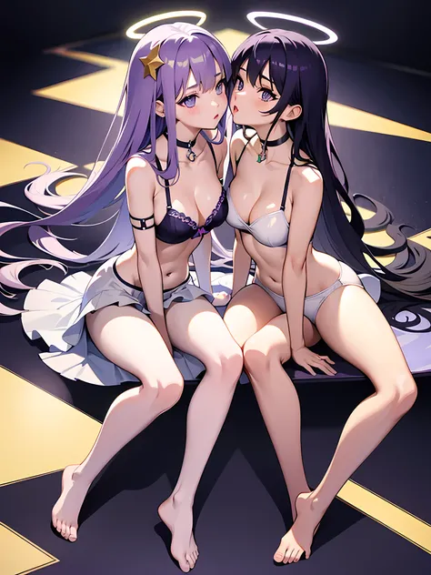 hight resolution, super detaill, professional photoshoot, bare breast, almost, stocklings, bare feet, legs raised;, Two teenage girls, Kiss, Choker, Soft purple hair