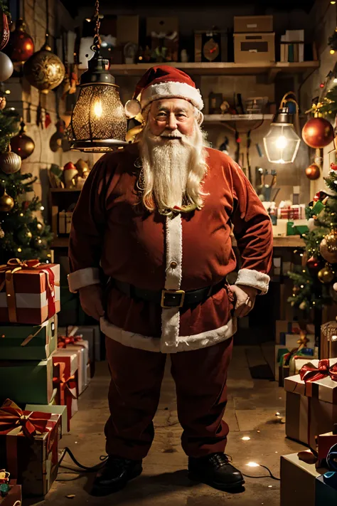 a wise and happy Santa Claus standing in front, illuminated by the light of a lamp, against the backdrop of gifts in a toy factory, pixar style