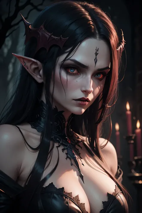 Handsome vampire elf in demon slayer art, portraite of a. dark fantasy mixed with realism, dark and horror style, detailed 4k horror artwork, eerie and grim art style, dark concept art, highly detailed exquisite fanart, horror concept art, Emily Shanks, in...