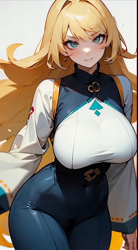 gray pupil，Long blonde hair，Detailed pubic hair. Yellow-haired beauty，big breast body，Beautiful curves，White skin of the，Noble temperament，Tsundere expression，与big breast body相互衬托出她苗条而健美的双腿。Colorful clothes，Neat clothes