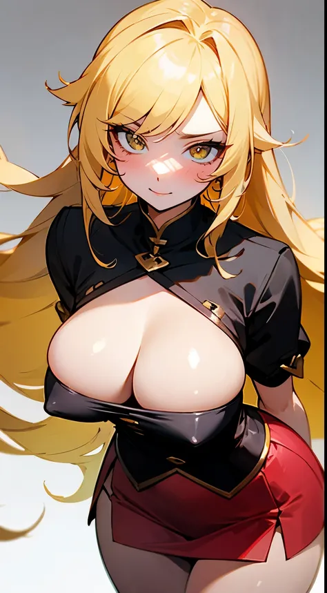 gray pupil，Long blonde hair，Detailed pubic hair. Yellow-haired beauty，big breast body，Beautiful curves，White skin of the，Noble temperament，Tsundere expression，与big breast body相互衬托出她苗条而健美的双腿。Colorful clothes，short  skirt