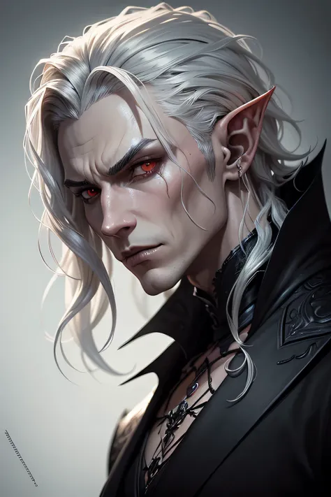 Handsome vampire elf with wavy short silver hair in demon slayer art, dark fantasy mixed with realism, dark and horror style, detailed 4k horror artwork, eerie and grim art style, dark concept art, highly detailed exquisite fanart, horror concept art, Emil...