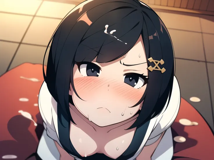 short bob, black hair, black eyes, slant eyes, round face, high teen, bad mood, kimono, open clothes, intense sex, sweat, fertilization, cross section, cum overflow, (looking up:1.2)