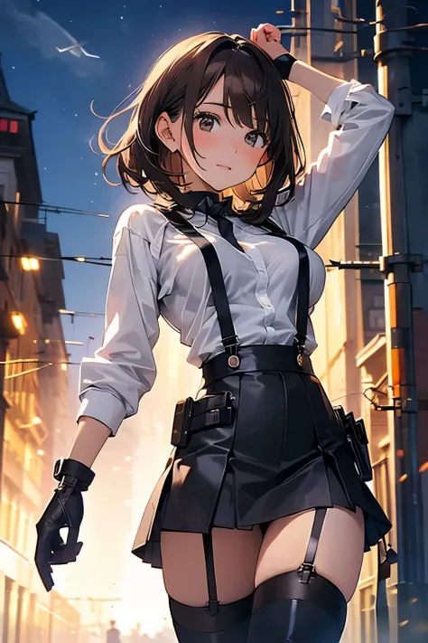 Brown hair、watching at viewers　　　black suspenders　　　Bulging big breasts　　 　 　　　walls: 　Black miniskirt　garters　　　　　　Gaze　　　Small face　bangss 　　　holster　　　Beautuful Women　　hands up　　レッグholster ベッドに横たわる　　Gaze 　black boots panty shot　provocation　flank　flank汗　...