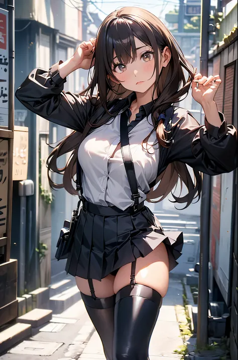 Brown hair、watching at viewers　　　black suspenders　　　Bulging big breasts　　 　 　　　walls: 　Black miniskirt　garters　　　　　　Gaze　　　Small face　bangss 　　　holster　　　Beautuful Women　　hands up　　レッグholster ベッドに横たわる　　Gaze 　black boots panty shot　provocation　flank　flank汗　...