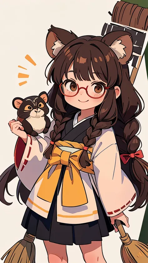 Masterpiece。top-quality。ren。Detailed details。one girls。Cute little girl s。brown haired。Braids bow。Pill glasses。see the beholder。A slight smil。Tanuki ears。Tanuki tail。Japan priestess costume。Hold a broom with both hands that is about as long as your height....